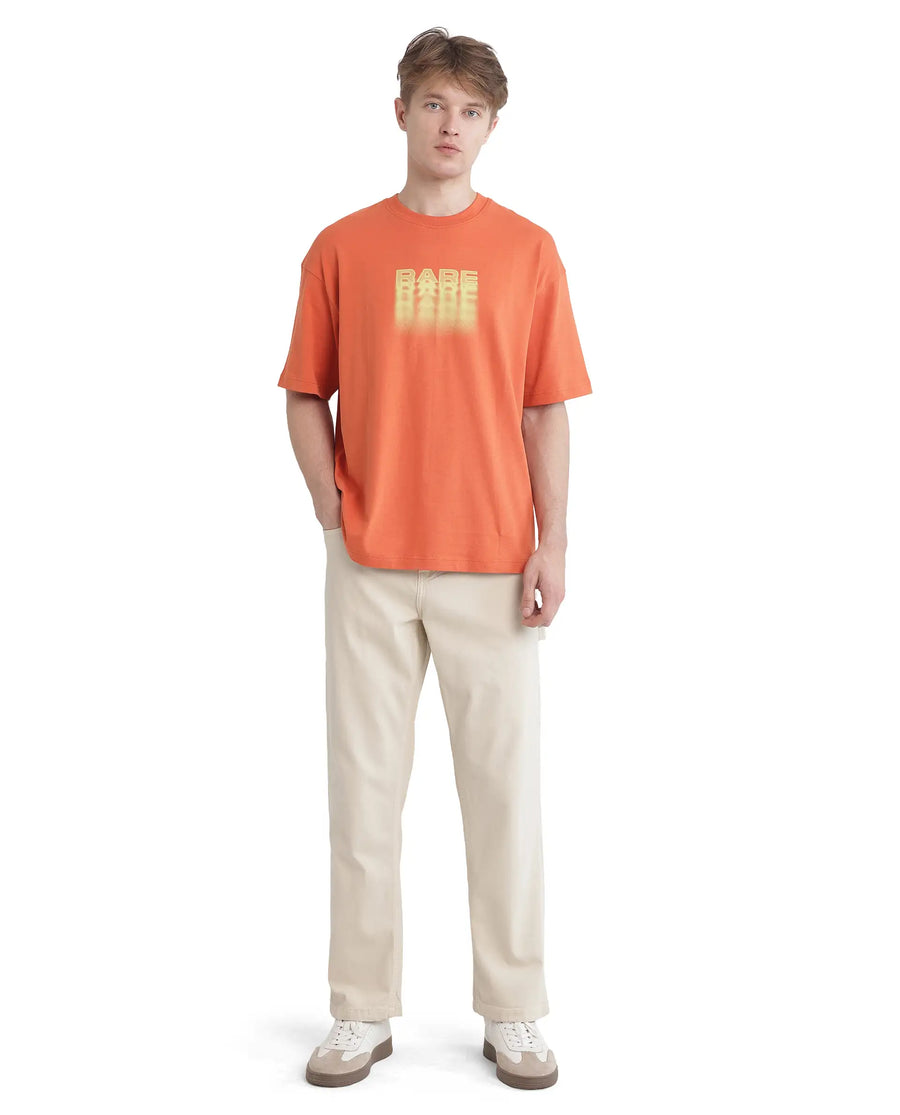 Rare Rabbit Men's Act Orange Cotton Graphic Print Oversized Fit Half Sleeve Crew Neck T-Shirt