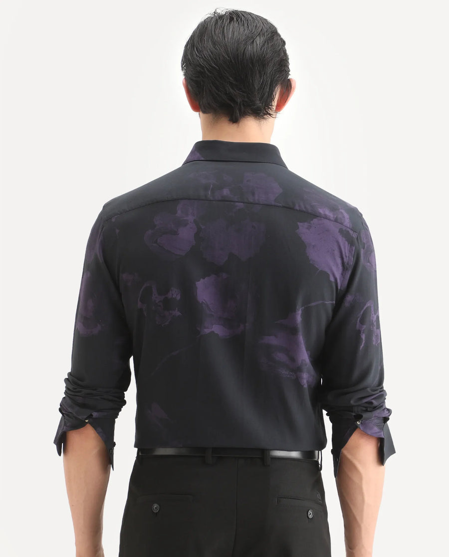Rare Rabbit Men's Adel Black Viscose Fabric Collared Neck Regular Printed Shirt