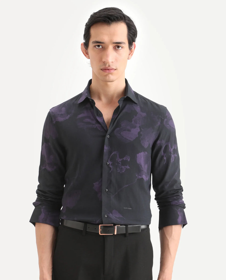 Rare Rabbit Men's Adel Black Viscose Fabric Collared Neck Regular Printed Shirt