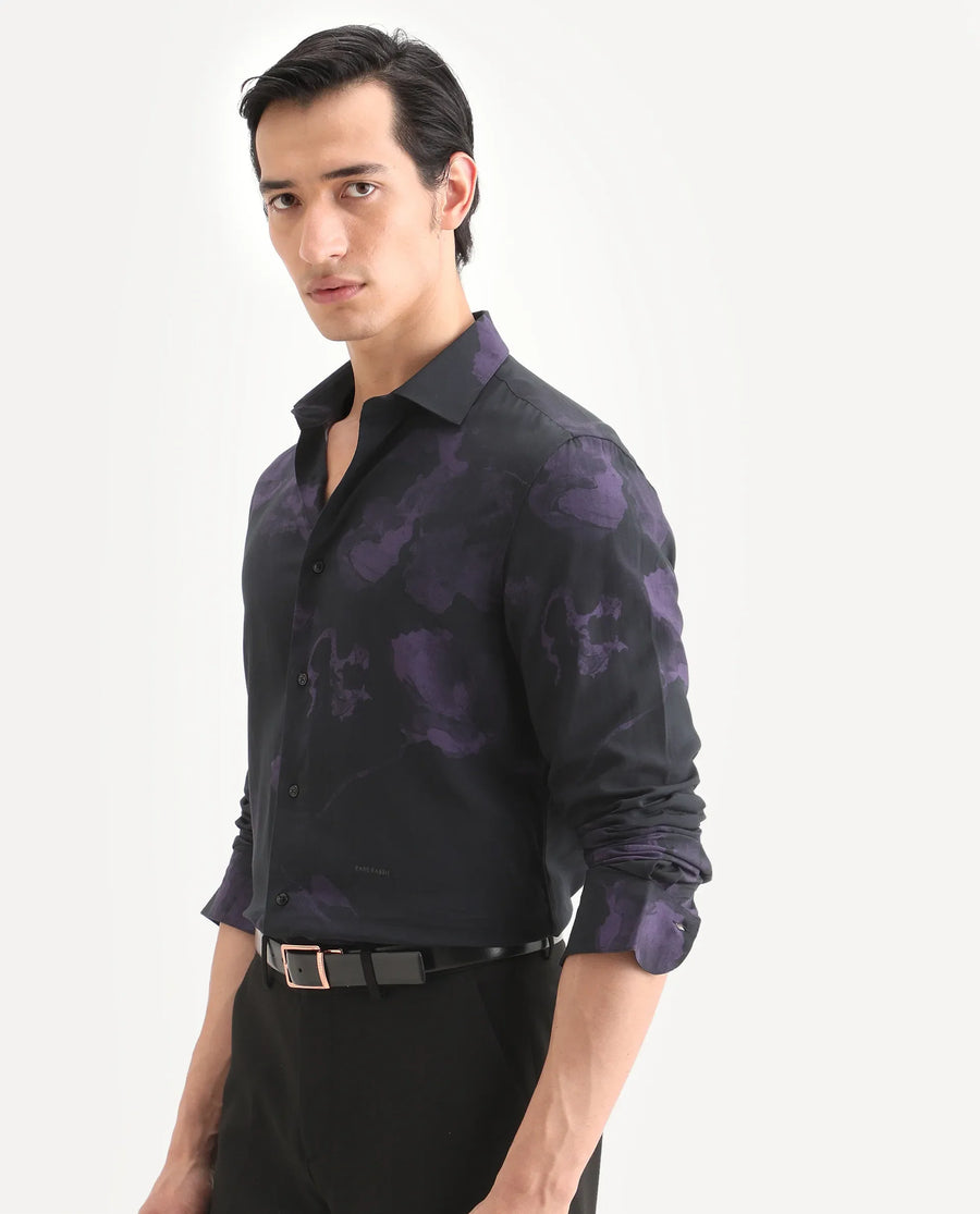 Rare Rabbit Men's Adel Black Viscose Fabric Collared Neck Regular Printed Shirt
