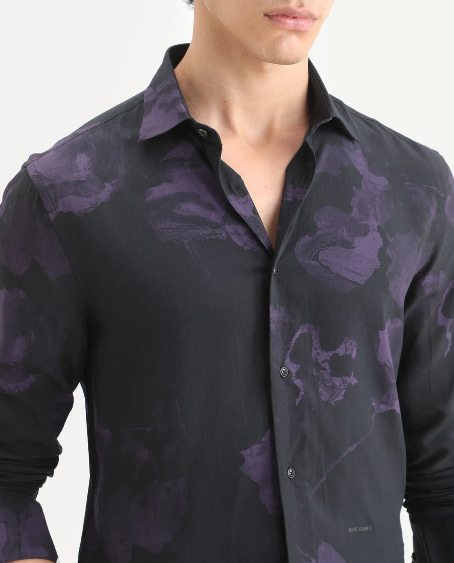 Rare Rabbit Men's Adel Black Viscose Fabric Collared Neck Regular Printed Shirt