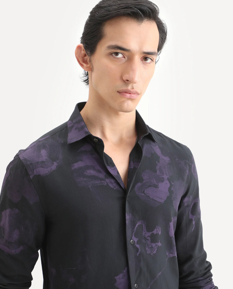 Rare Rabbit Men's Adel Black Viscose Fabric Collared Neck Regular Printed Shirt