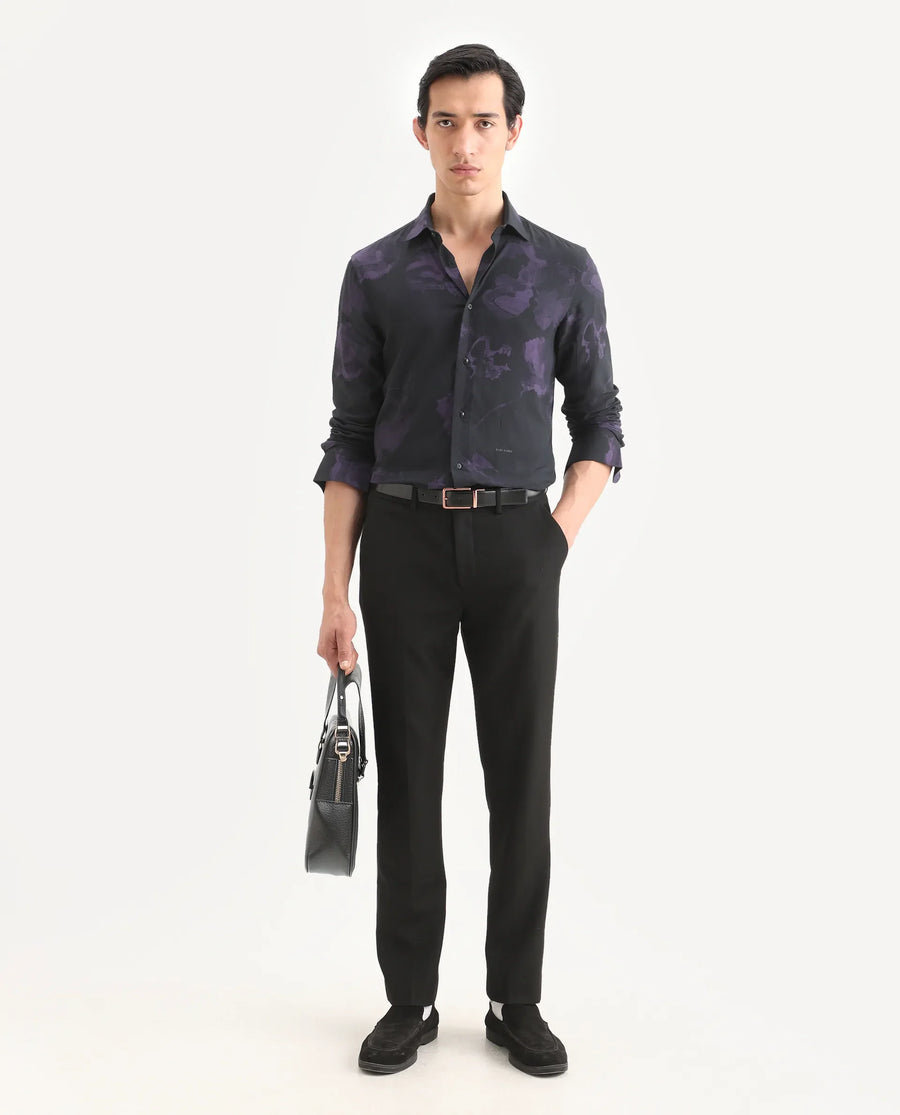 Rare Rabbit Men's Adel Black Viscose Fabric Collared Neck Regular Printed Shirt