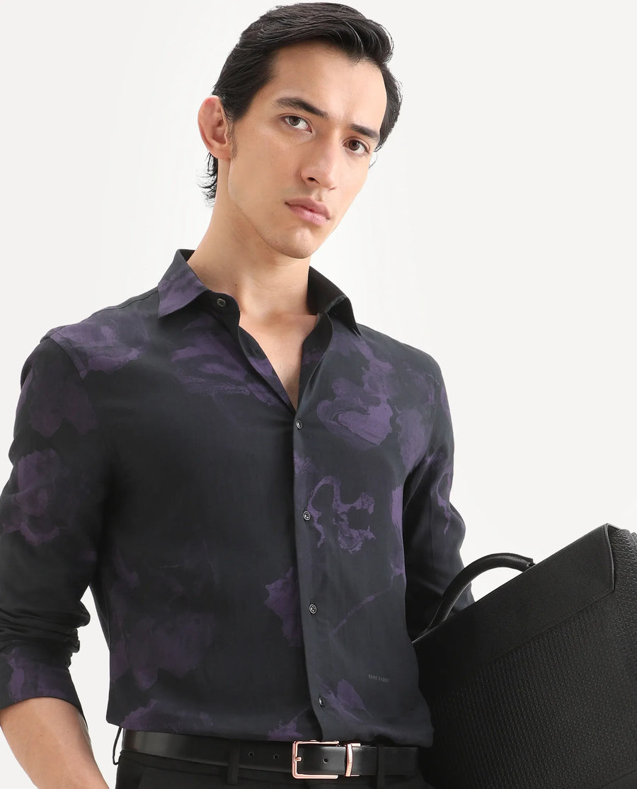 Rare Rabbit Men's Adel Black Viscose Fabric Collared Neck Regular Printed Shirt