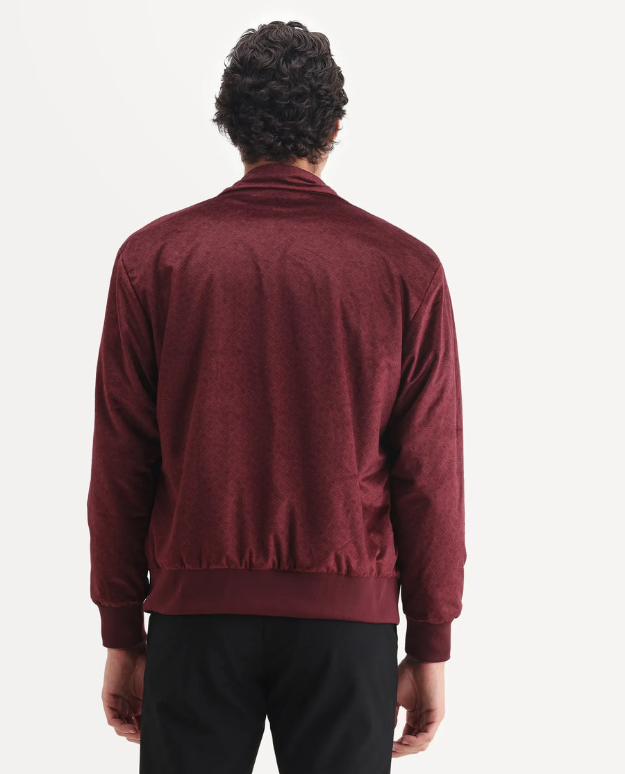 Rare Rabbit Men's Adiso Dark Maroon Polyester Fabric Spread Collar Regular Graphic Print Jacket