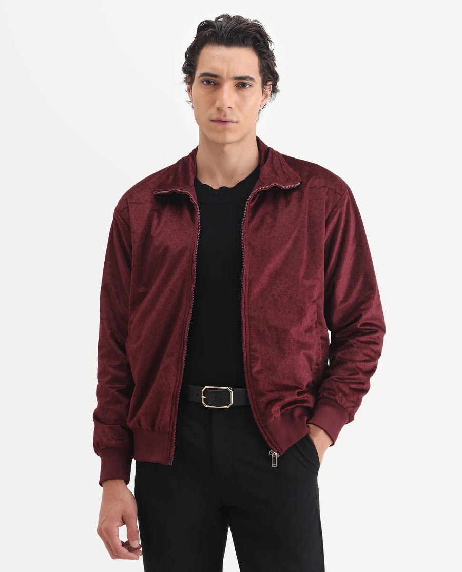 Rare Rabbit Men's Adiso Dark Maroon Polyester Fabric Spread Collar Regular Graphic Print Jacket