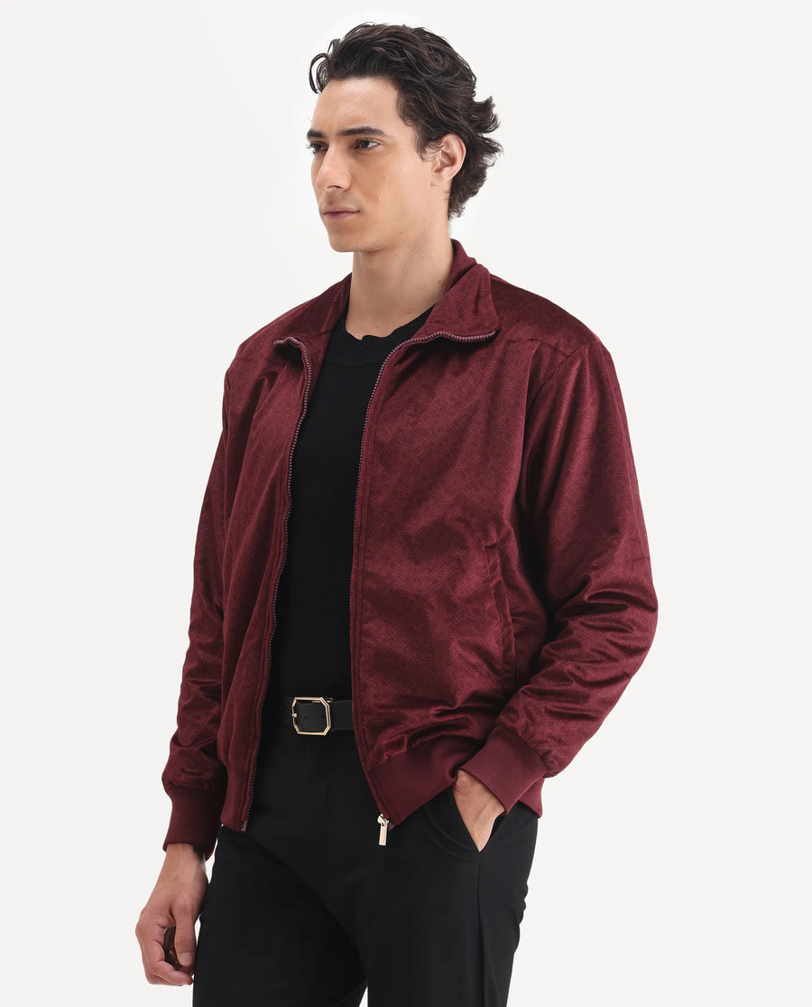 Rare Rabbit Men's Adiso Dark Maroon Polyester Fabric Spread Collar Regular Graphic Print Jacket