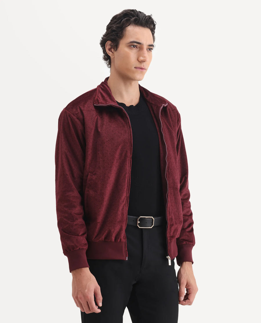 Rare Rabbit Men's Adiso Dark Maroon Polyester Fabric Spread Collar Regular Graphic Print Jacket
