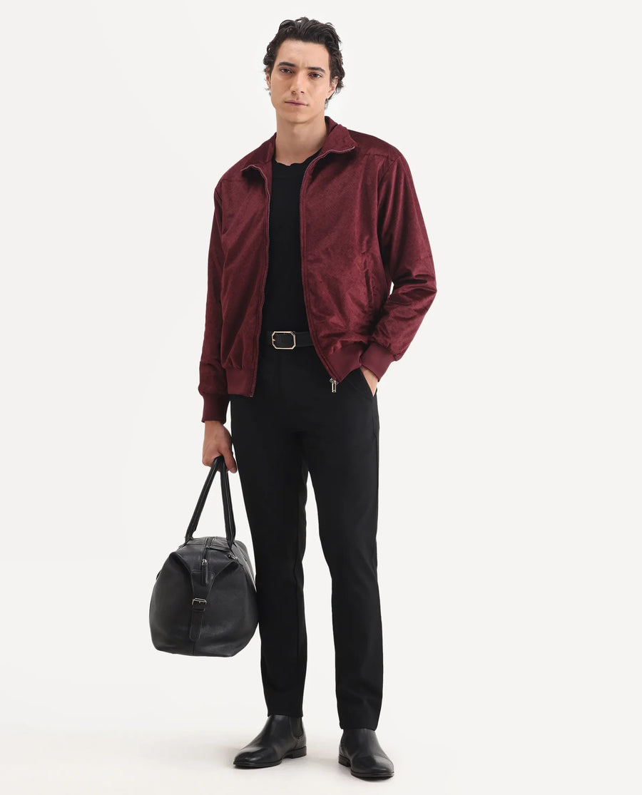 Rare Rabbit Men's Adiso Dark Maroon Polyester Fabric Spread Collar Regular Graphic Print Jacket