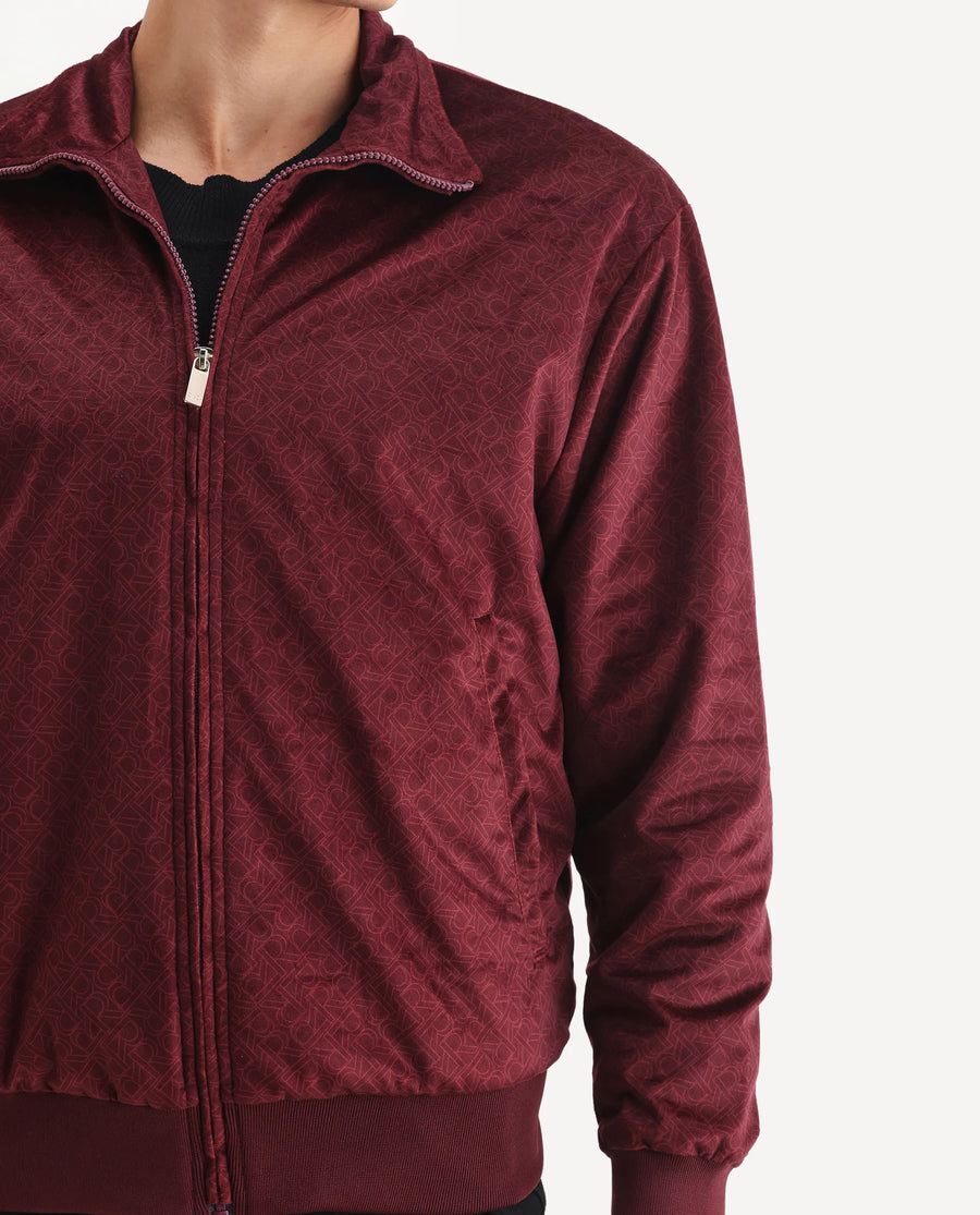 Rare Rabbit Men's Adiso Dark Maroon Polyester Fabric Spread Collar Regular Graphic Print Jacket