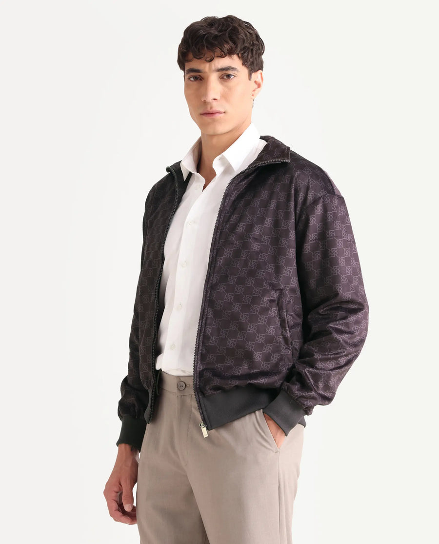 Rare Rabbit Men's Adiso-Dp Dark Brown Polyester Fabric High Neck Regular Fit Geometric Print Jacket