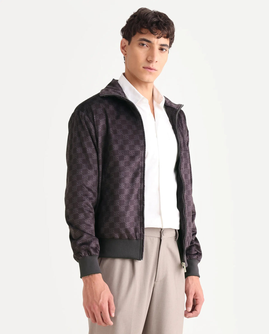 Rare Rabbit Men's Adiso-Dp Dark Brown Polyester Fabric High Neck Regular Fit Geometric Print Jacket