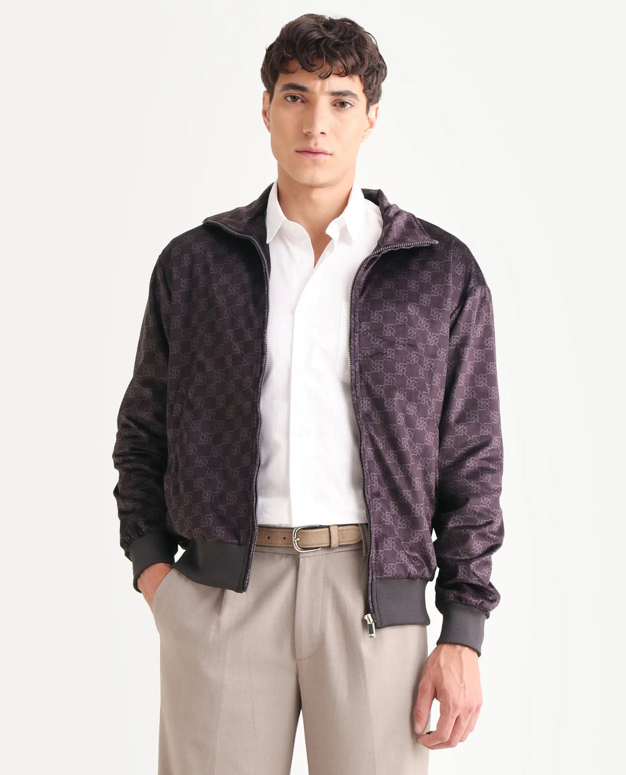 Rare Rabbit Men's Adiso-Dp Dark Brown Polyester Fabric High Neck Regular Fit Geometric Print Jacket