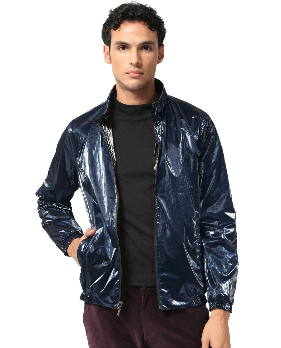 Rare Rabbit Men's Adler Navy Polyester Plain Regular Fit Full Sleeve Mandarin Collar Jacket