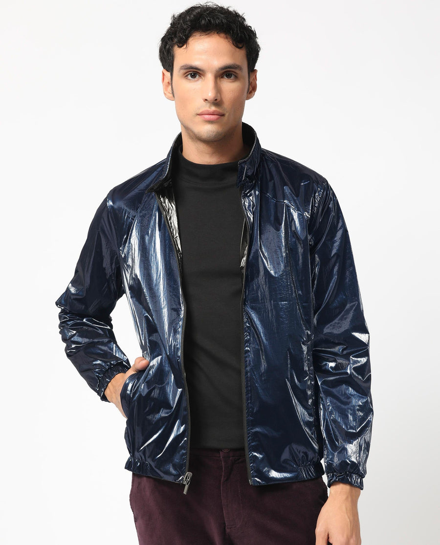 Rare Rabbit Men's Adler Navy Polyester Plain Regular Fit Full Sleeve Mandarin Collar Jacket