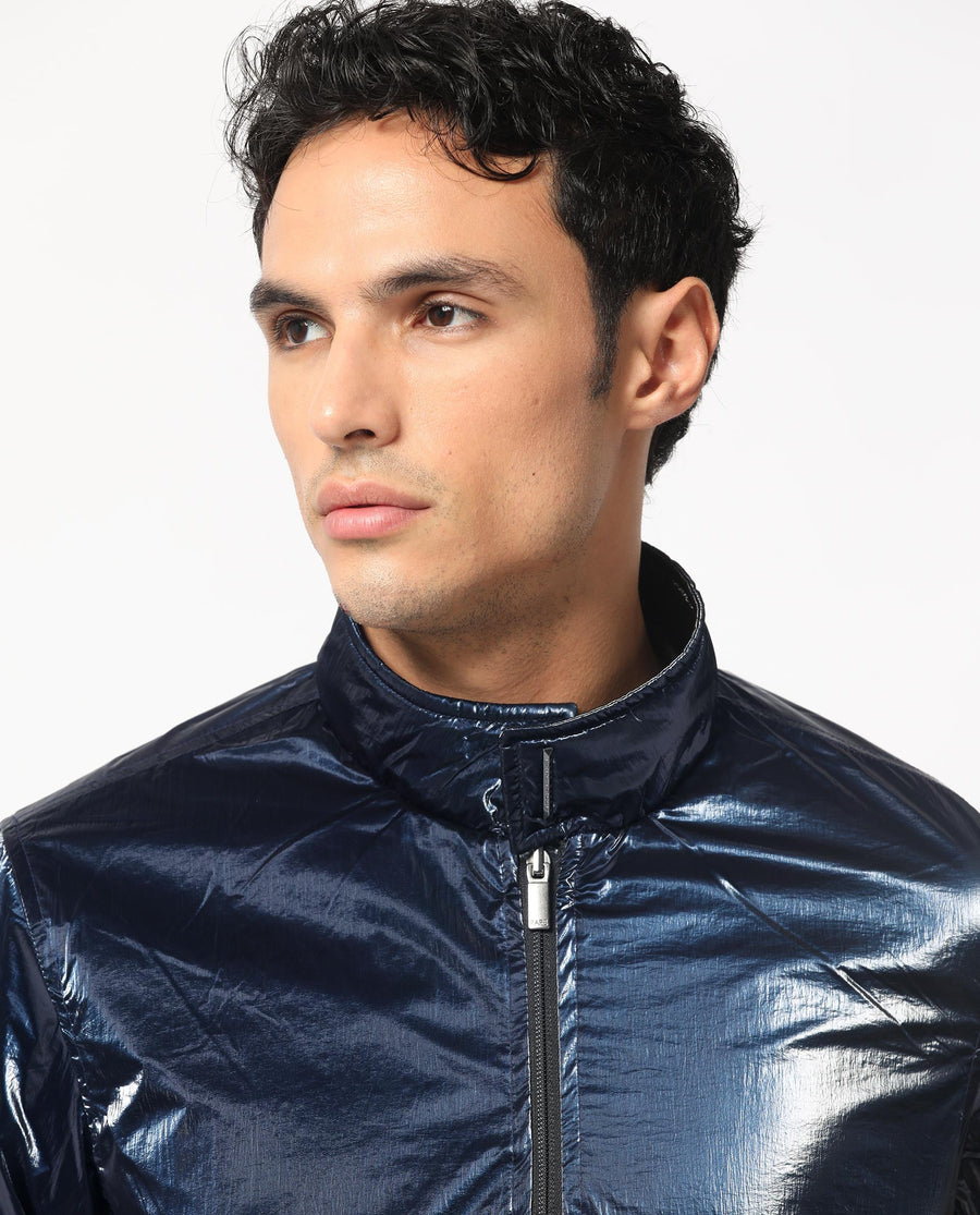 Rare Rabbit Men's Adler Navy Polyester Plain Regular Fit Full Sleeve Mandarin Collar Jacket