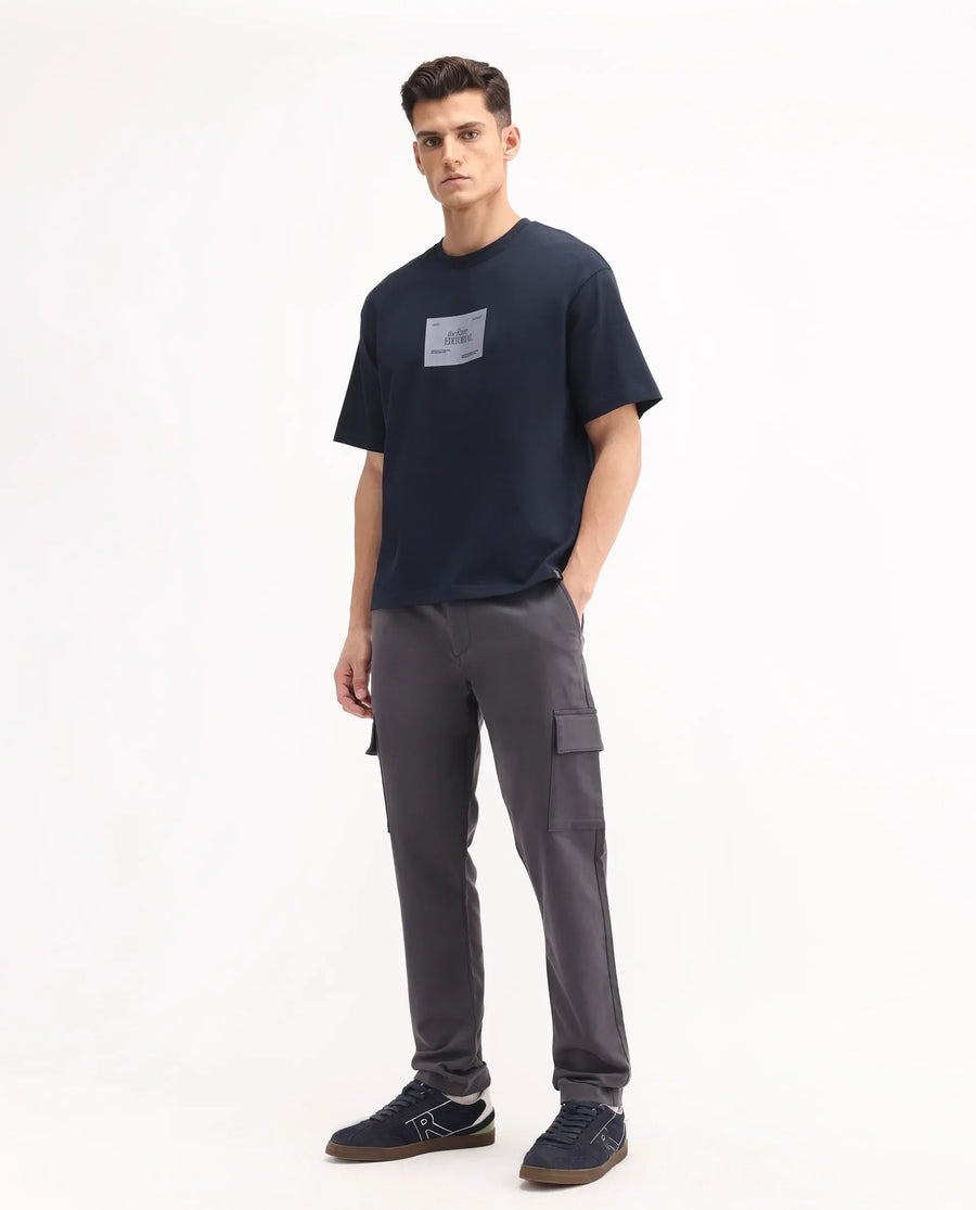Rare Rabbit Men's Aero Dark Grey Cotton Blend Plain Relaxed Fit Trouser