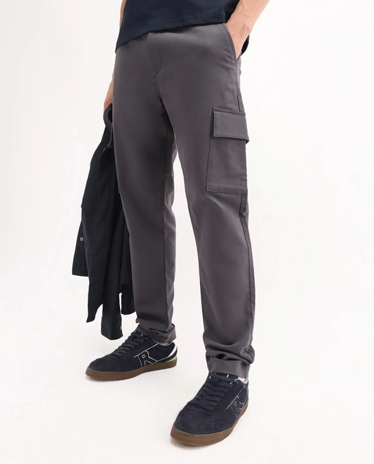 Rare Rabbit Men's Aero Dark Grey Cotton Blend Plain Relaxed Fit Trouser