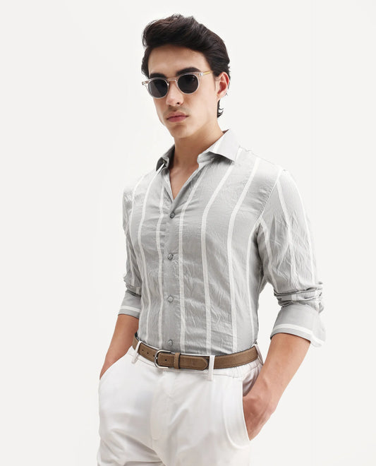 Rare Rabbit Men's Aero Grey Viscose Fabric Spread Collar Regular Fit Striped Shirt