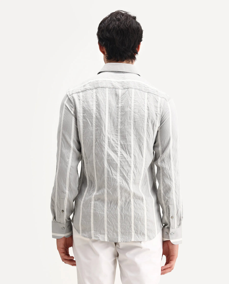 Rare Rabbit Men's Aero Grey Viscose Fabric Spread Collar Regular Fit Striped Shirt