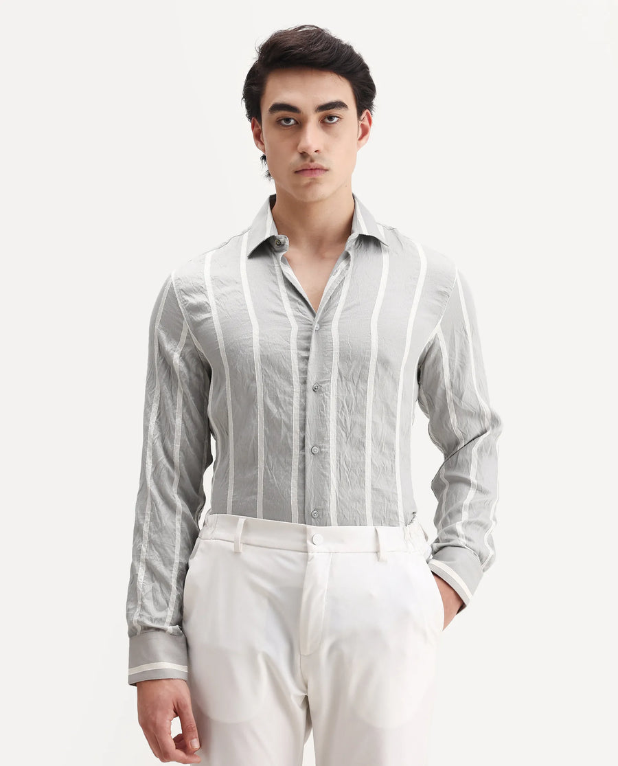 Rare Rabbit Men's Aero Grey Viscose Fabric Spread Collar Regular Fit Striped Shirt