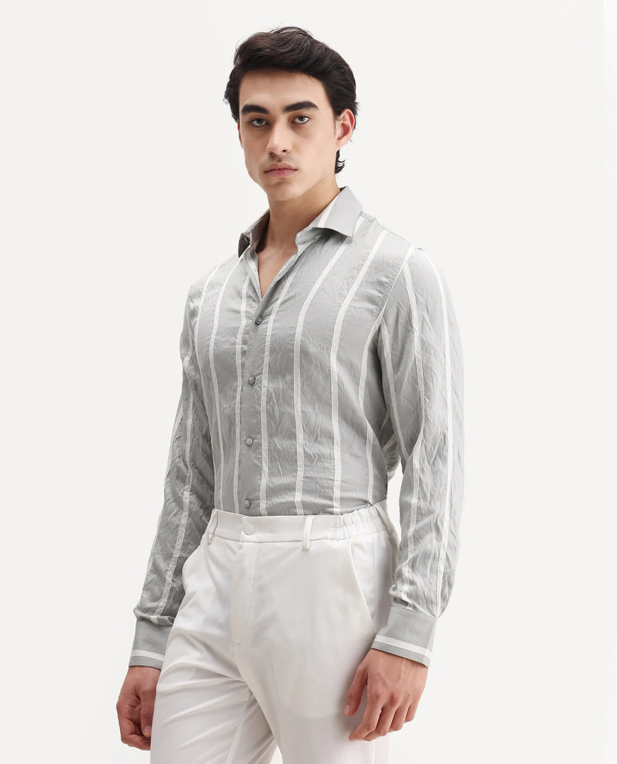 Rare Rabbit Men's Aero Grey Viscose Fabric Spread Collar Regular Fit Striped Shirt