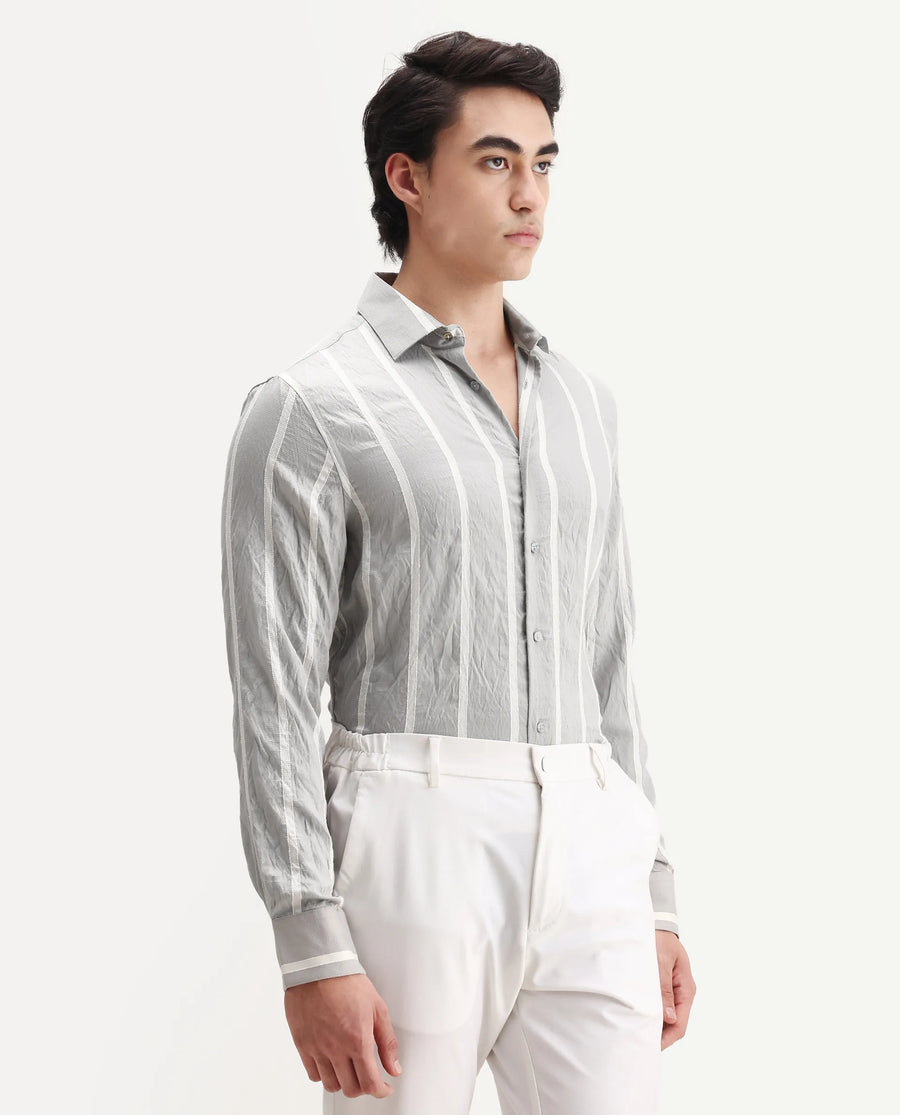 Rare Rabbit Men's Aero Grey Viscose Fabric Spread Collar Regular Fit Striped Shirt