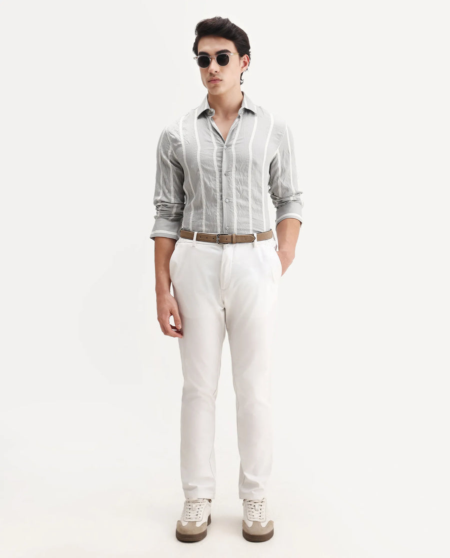 Rare Rabbit Men's Aero Grey Viscose Fabric Spread Collar Regular Fit Striped Shirt