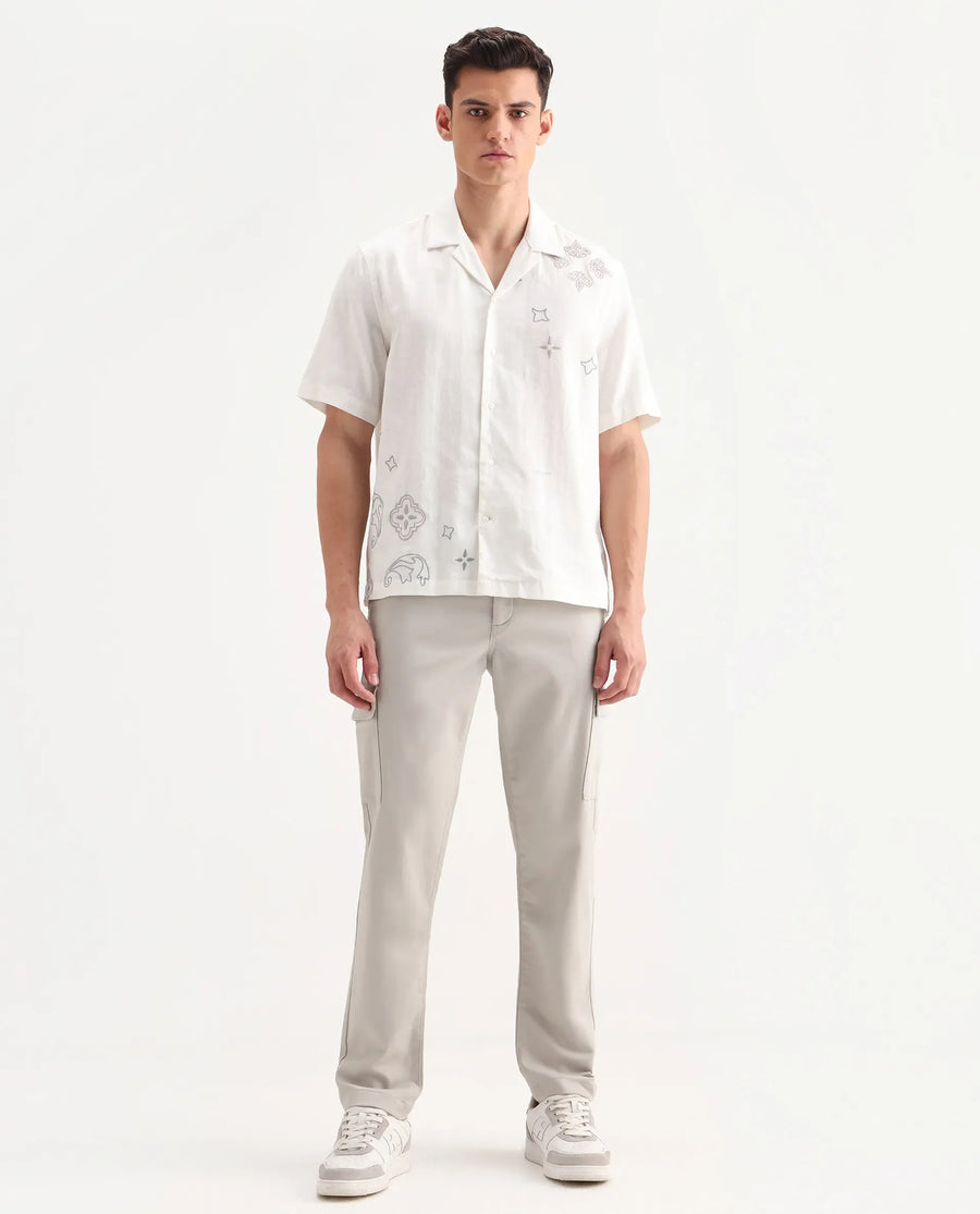 Rare Rabbit Men's Aero Light Grey Cotton Blend Plain Relaxed Fit Trouser