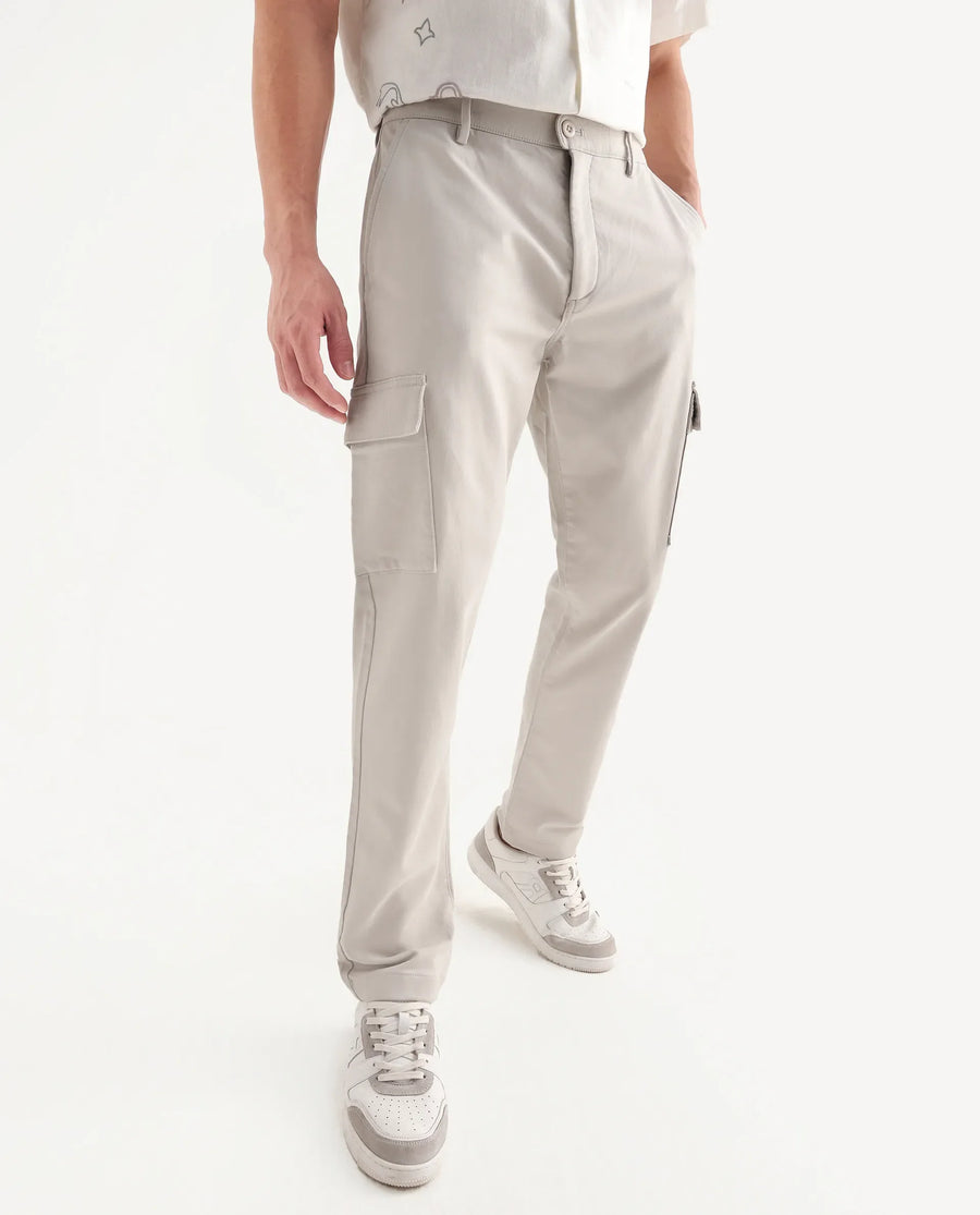Rare Rabbit Men's Aero Light Grey Cotton Blend Plain Relaxed Fit Trouser