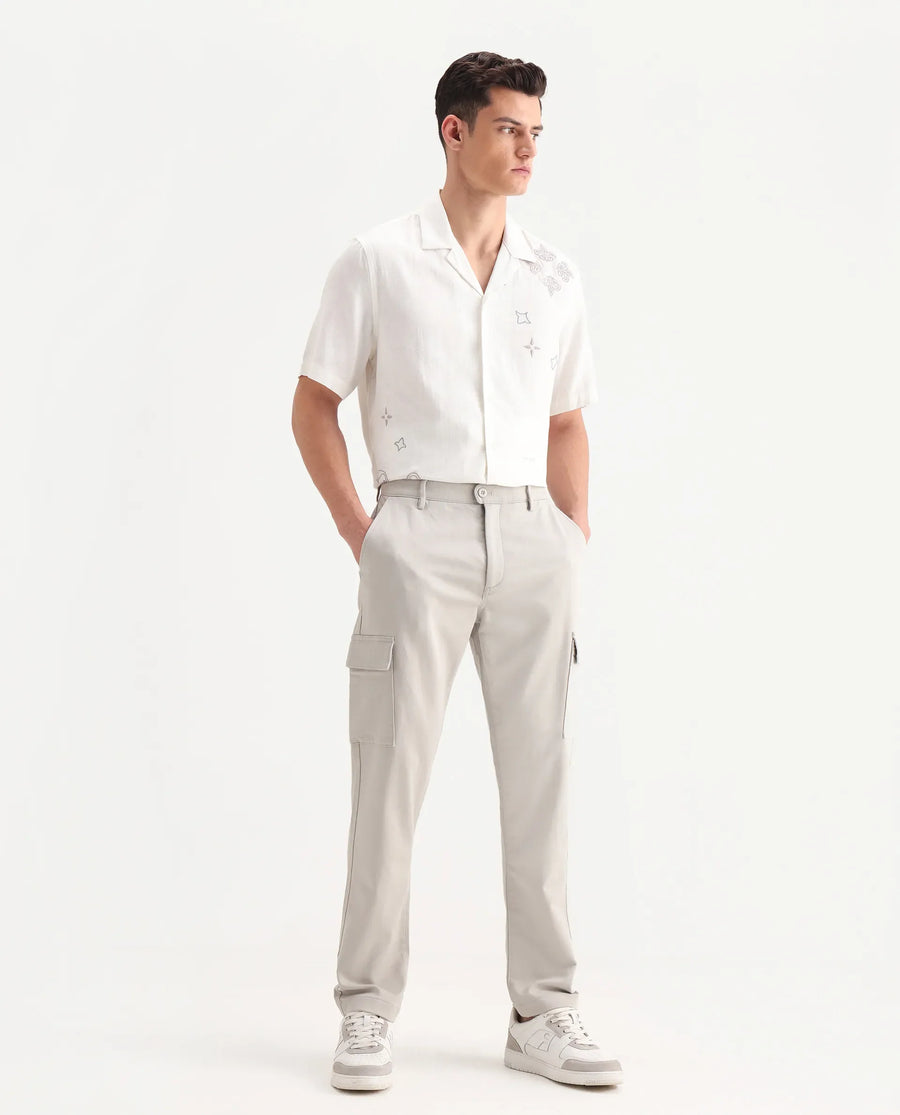 Rare Rabbit Men's Aero Light Grey Cotton Blend Plain Relaxed Fit Trouser