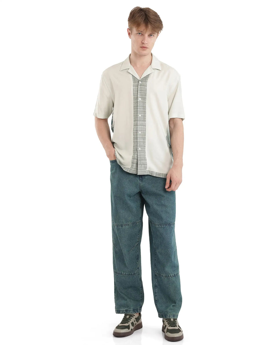 Rare Rabbit Men's Aeron Pastel Green Cotton Printed Boxy Fit Half Sleeve Cuban Collar Shirt