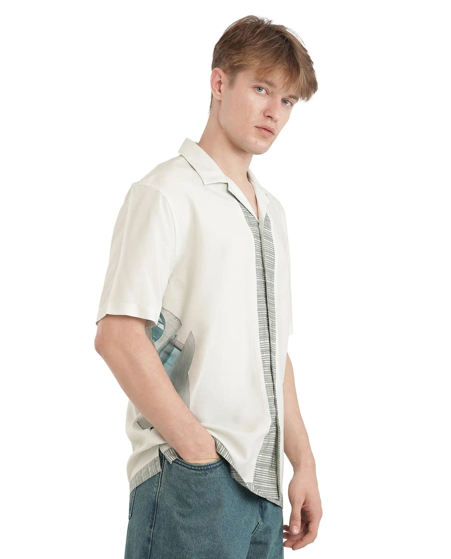 Rare Rabbit Men's Aeron Pastel Green Cotton Printed Boxy Fit Half Sleeve Cuban Collar Shirt