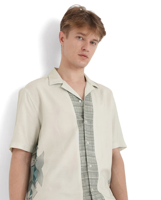 Rare Rabbit Men's Aeron Pastel Green Cotton Printed Boxy Fit Half Sleeve Cuban Collar Shirt