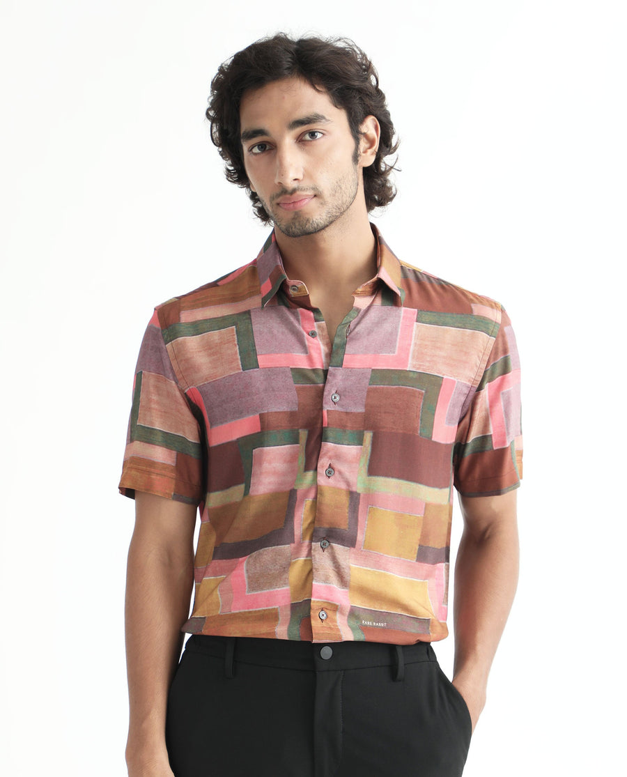 Rare Rabbit Men's Aether Mustard Viscose Abstract Print Regular Fit Half Sleeve Collared Shirt