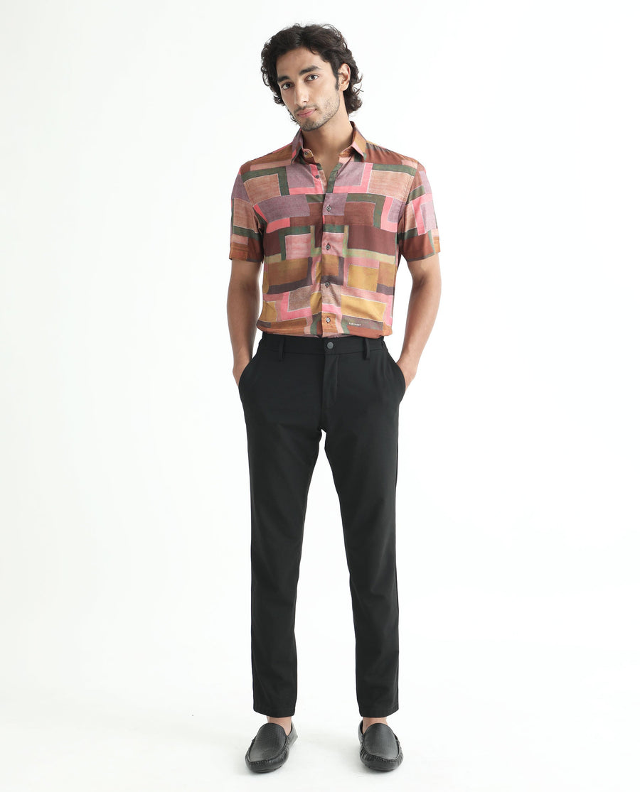 Rare Rabbit Men's Aether Mustard Viscose Abstract Print Regular Fit Half Sleeve Collared Shirt