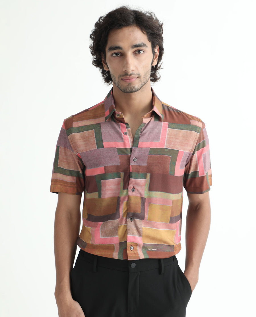 Rare Rabbit Men's Aether Mustard Viscose Abstract Print Regular Fit Half Sleeve Collared Shirt