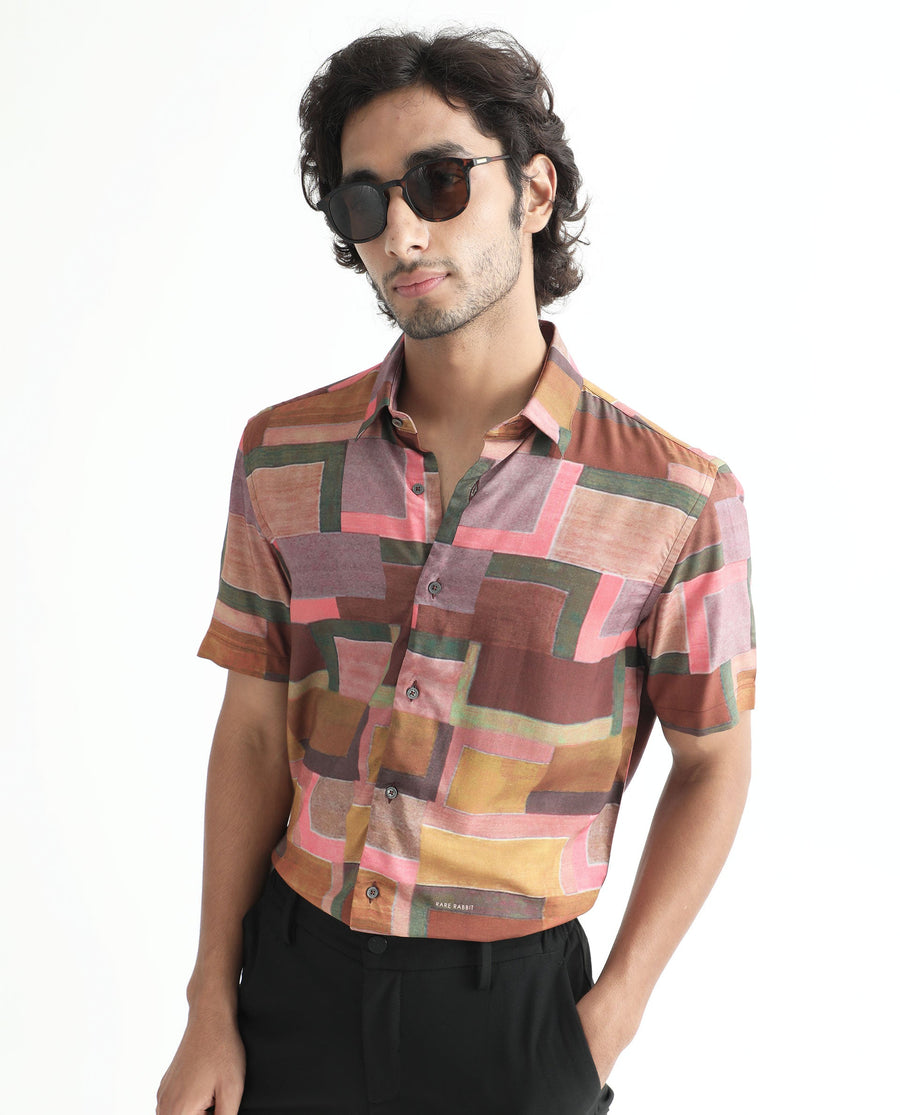 Rare Rabbit Men's Aether Mustard Viscose Abstract Print Regular Fit Half Sleeve Collared Shirt