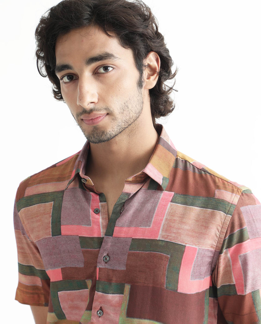 Rare Rabbit Men's Aether Mustard Viscose Abstract Print Regular Fit Half Sleeve Collared Shirt