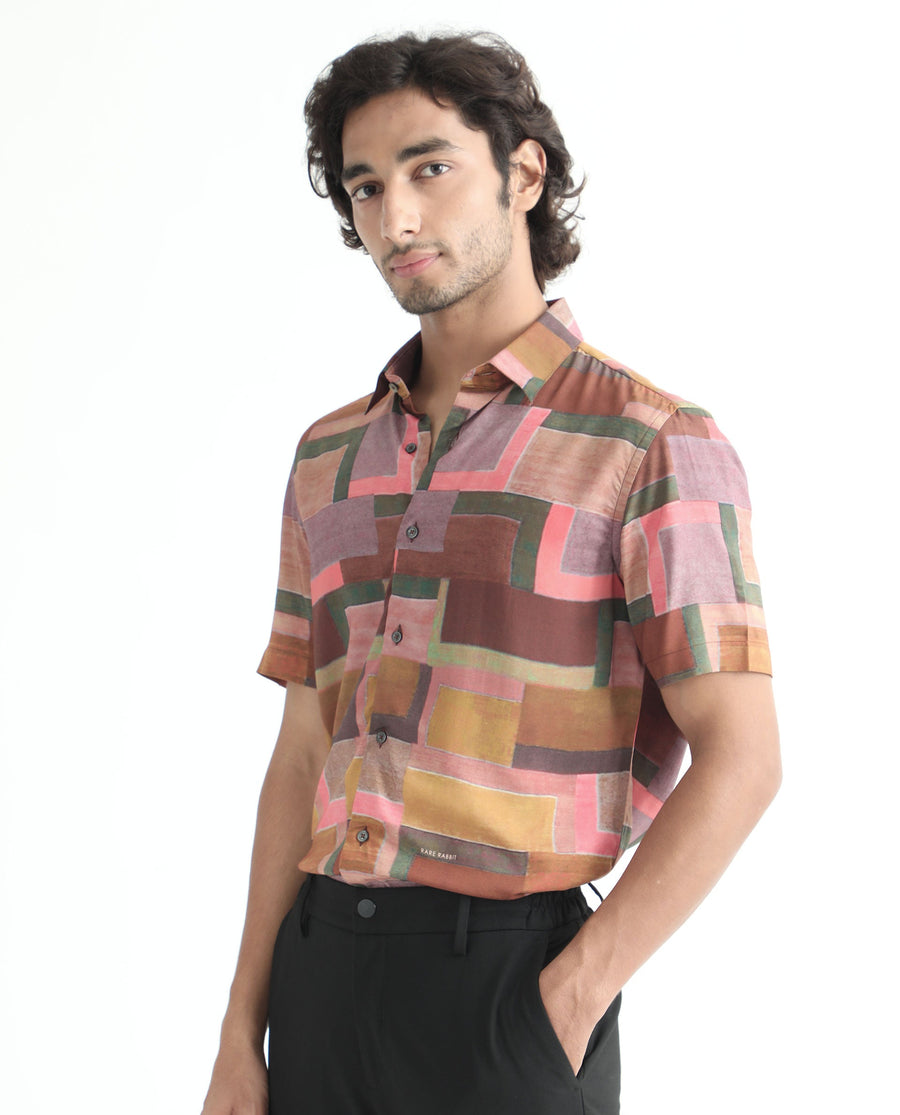 Rare Rabbit Men's Aether Mustard Viscose Abstract Print Regular Fit Half Sleeve Collared Shirt