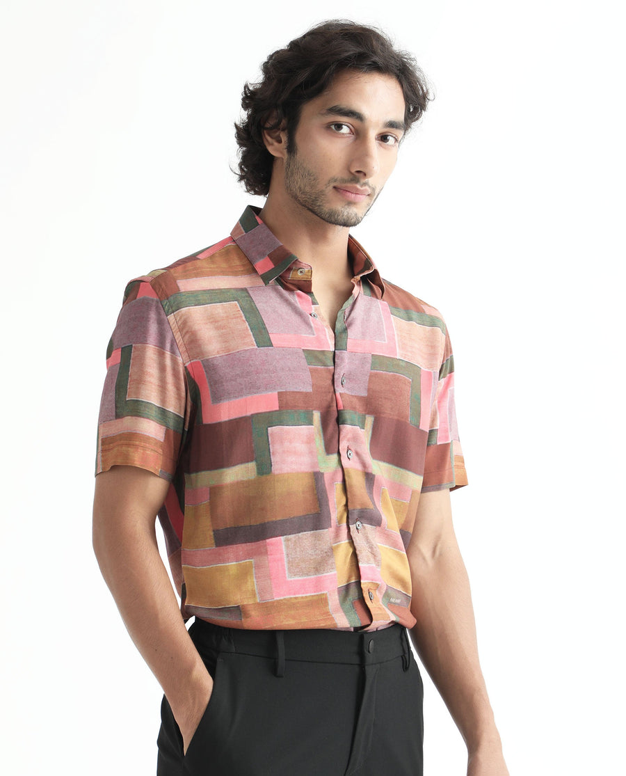 Rare Rabbit Men's Aether Mustard Viscose Abstract Print Regular Fit Half Sleeve Collared Shirt