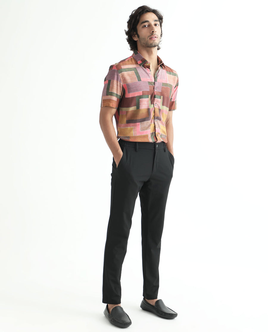 Rare Rabbit Men's Aether Mustard Viscose Abstract Print Regular Fit Half Sleeve Collared Shirt