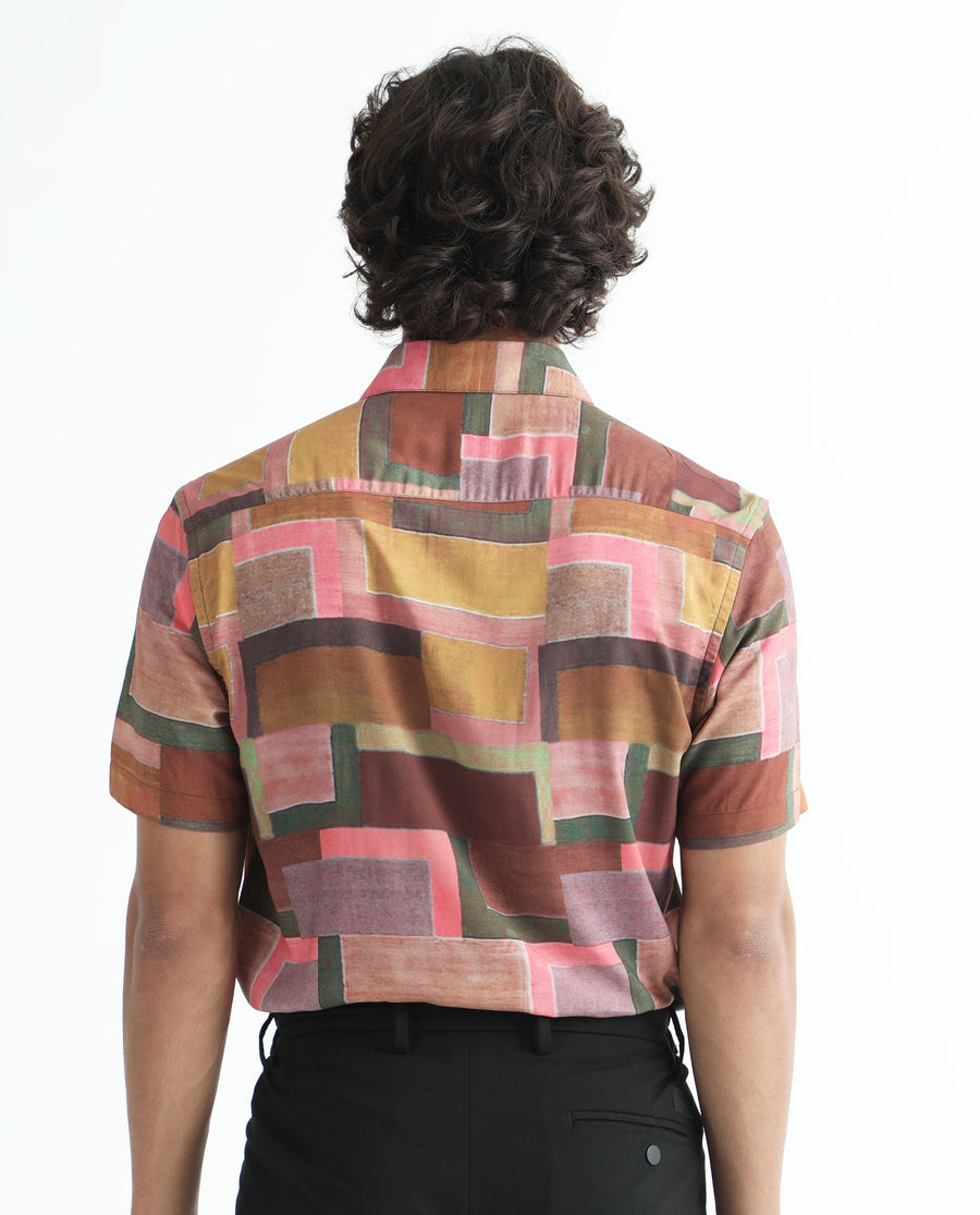 Rare Rabbit Men's Aether Mustard Viscose Abstract Print Regular Fit Half Sleeve Collared Shirt