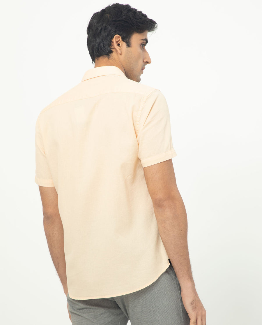 Rare Rabbit Men's Affle Peach Cotton Plain Tailored Fit Half Sleeve Collared Shirt