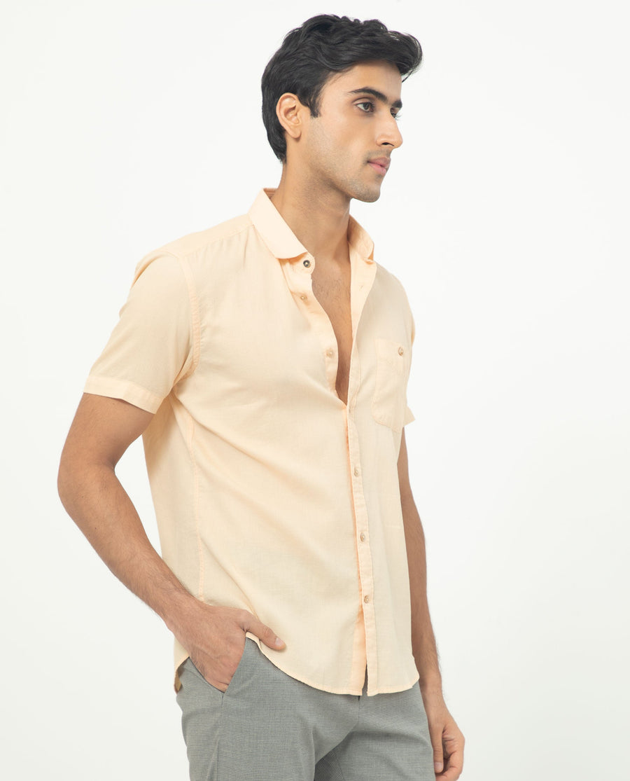 Rare Rabbit Men's Affle Peach Cotton Plain Tailored Fit Half Sleeve Collared Shirt