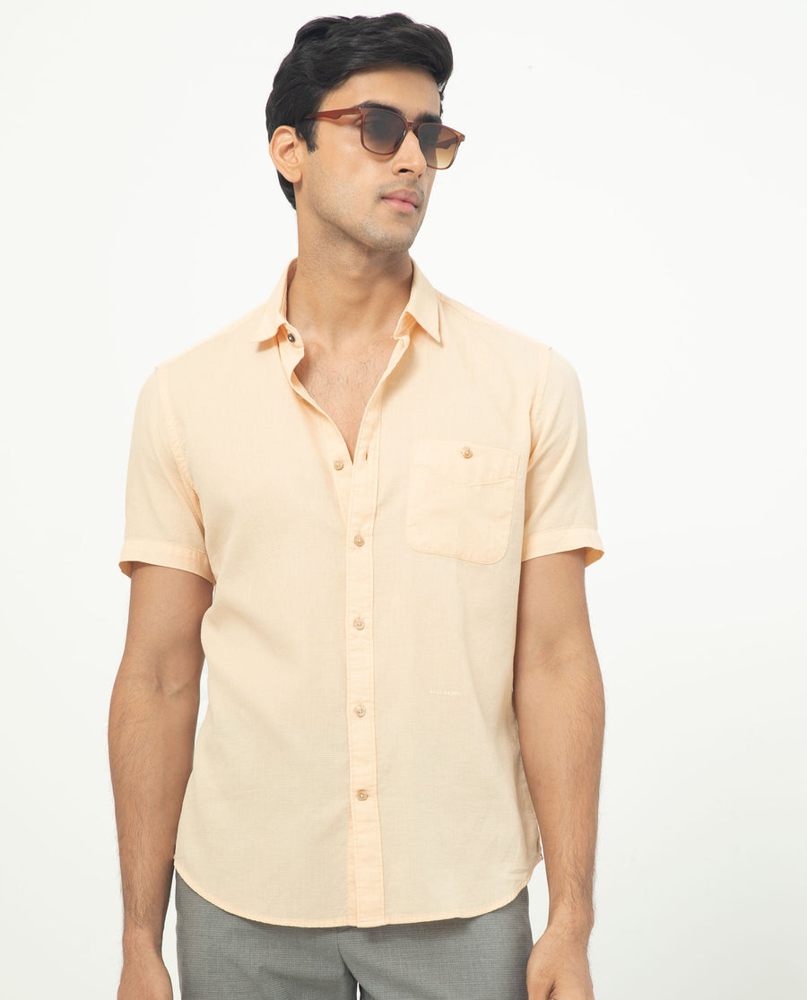 Rare Rabbit Men's Affle Peach Cotton Plain Tailored Fit Half Sleeve Collared Shirt