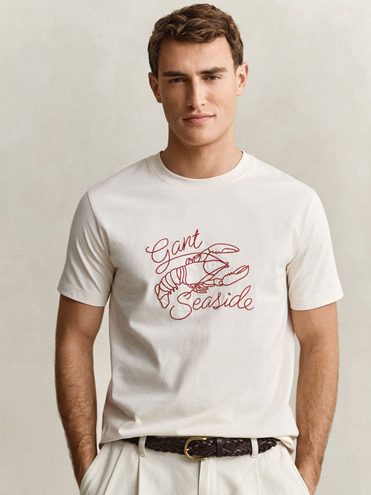 Gant Men Cream Printed Regular Fit Pure Cotton T-Shirt