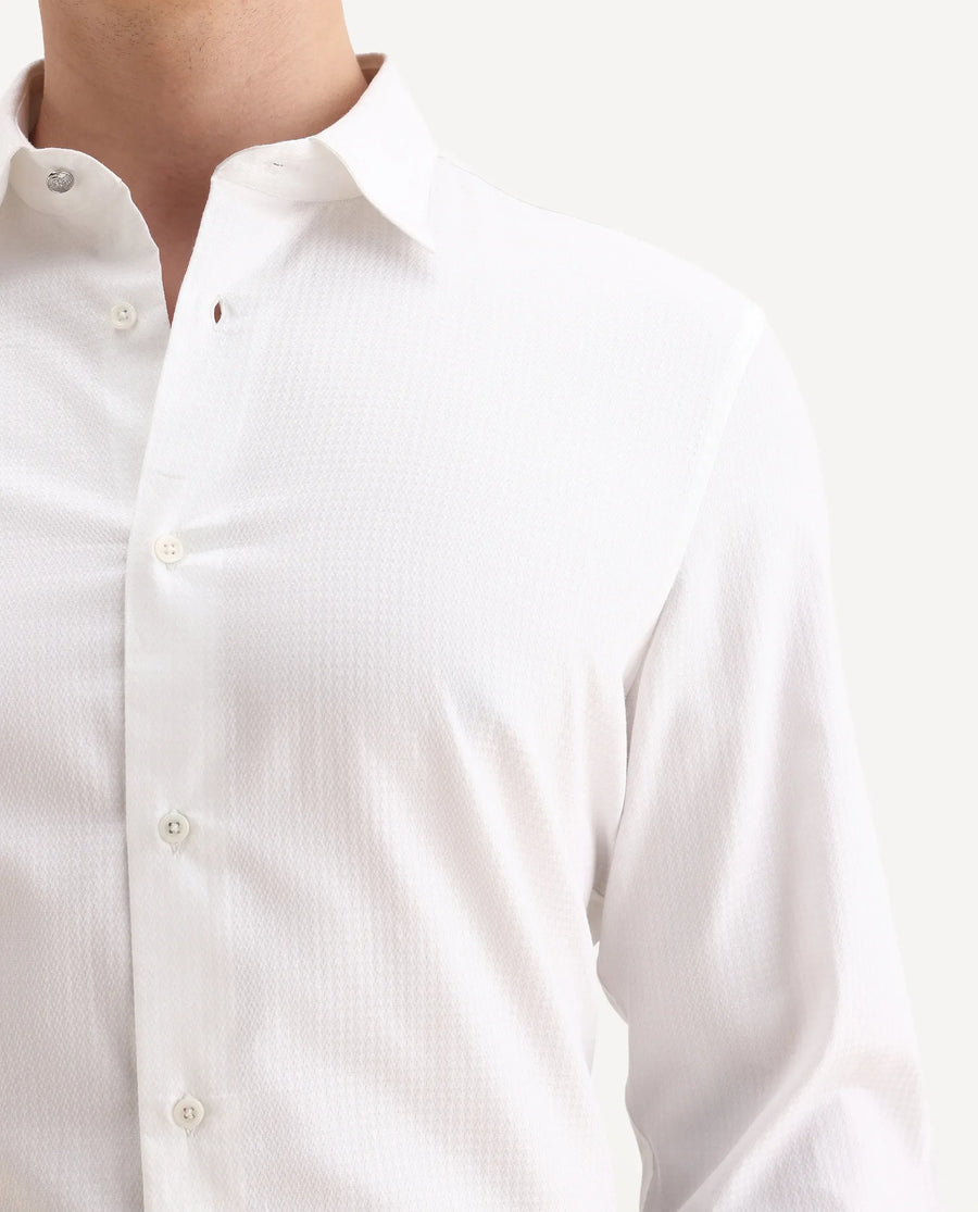 Rare Rabbit Men's Aida White Cotton Fabric Collared Neck Regular Fit Textured Shirt