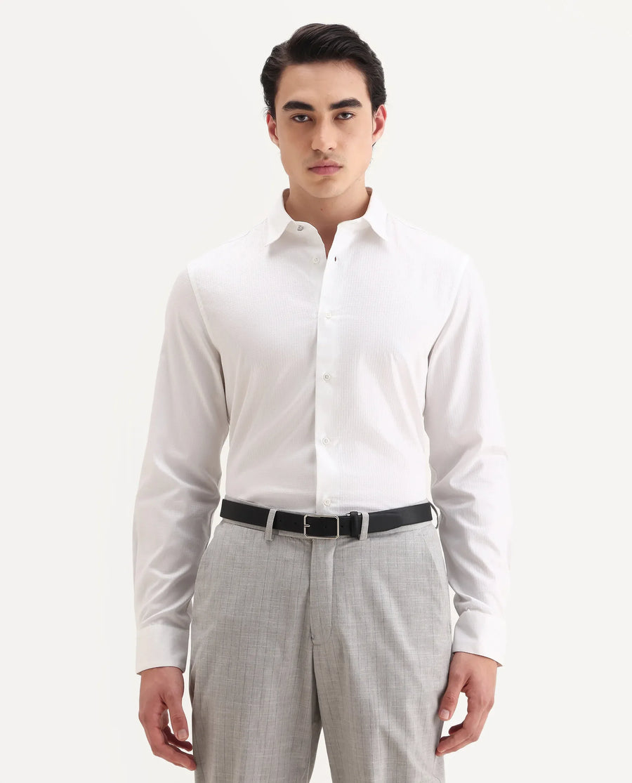 Rare Rabbit Men's Aida White Cotton Fabric Collared Neck Regular Fit Textured Shirt