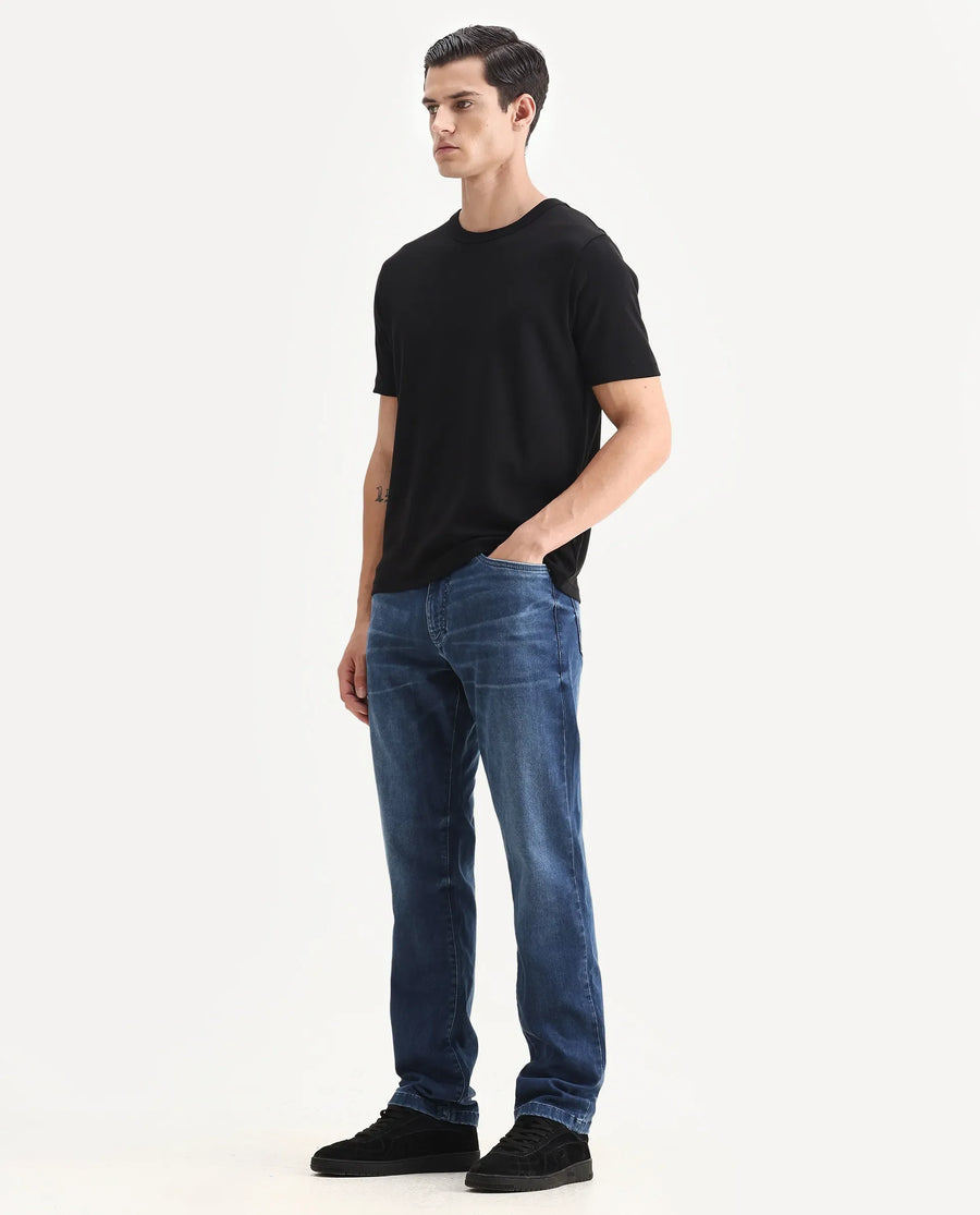 Rare Rabbit Men's Airus Blue Cotton Blend Fabric Morris Regular Fit Plain Jeans